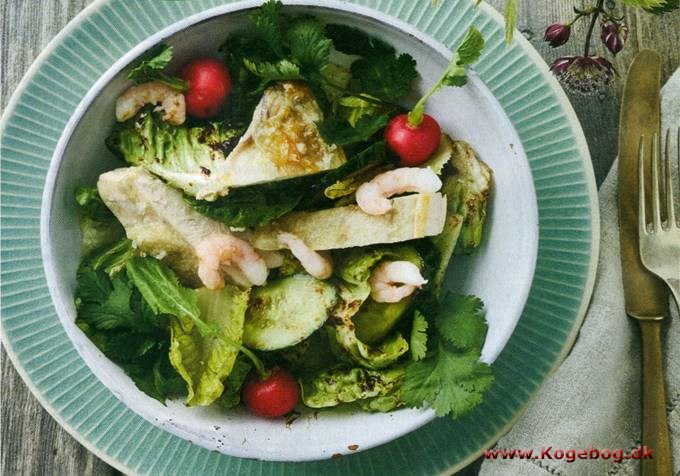 Grøn salat med misodressing, stegt kyllingebryst og rejer