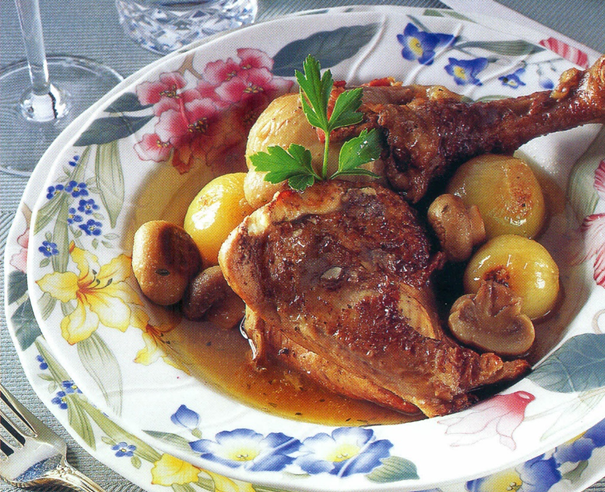 Coq au vin med champignon