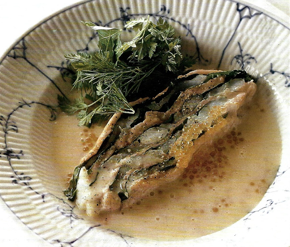 Millefeuille af torsk og laks med beurre blanc